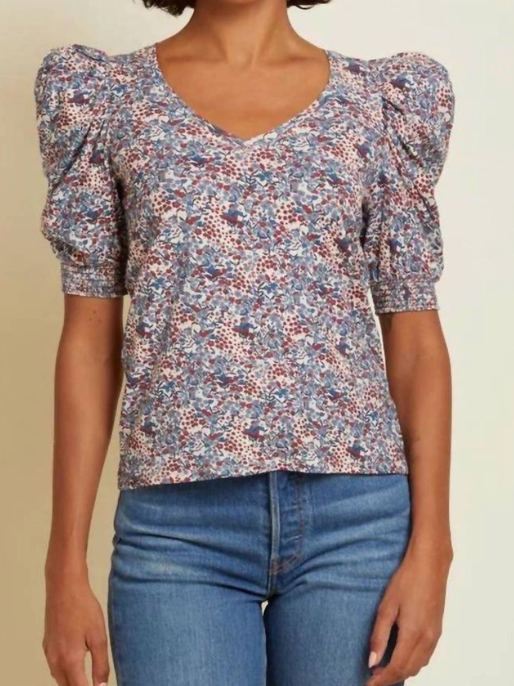 NATION LTD celine puff sleeve v-neck tee in cherry blossom